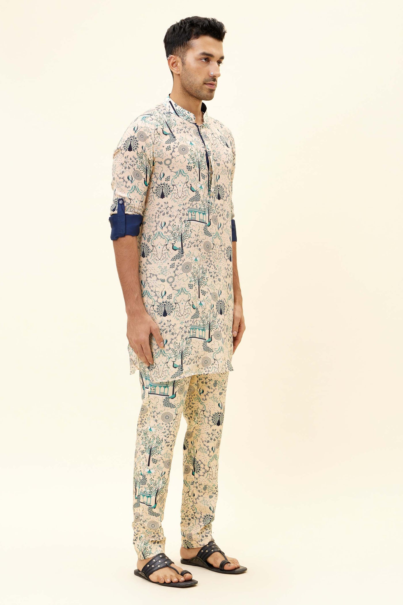 SVA Beige Mor Jaal Short Shirt Style Kurta With Beige Mor Jaal Pants indian designer fashion online shopping melange singapore