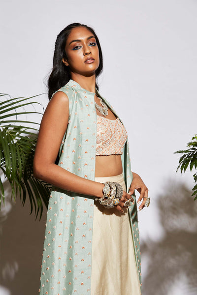 Sva by sonam and paras modi Beige Mint Ombre Drape Skirt Set fusion indian designer wear online shopping melange singapore