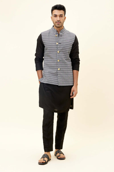 SVA Black Rawsilk Bundi With Black And White Geo Print Reversible Indian designer fashion online shopping melange singapore