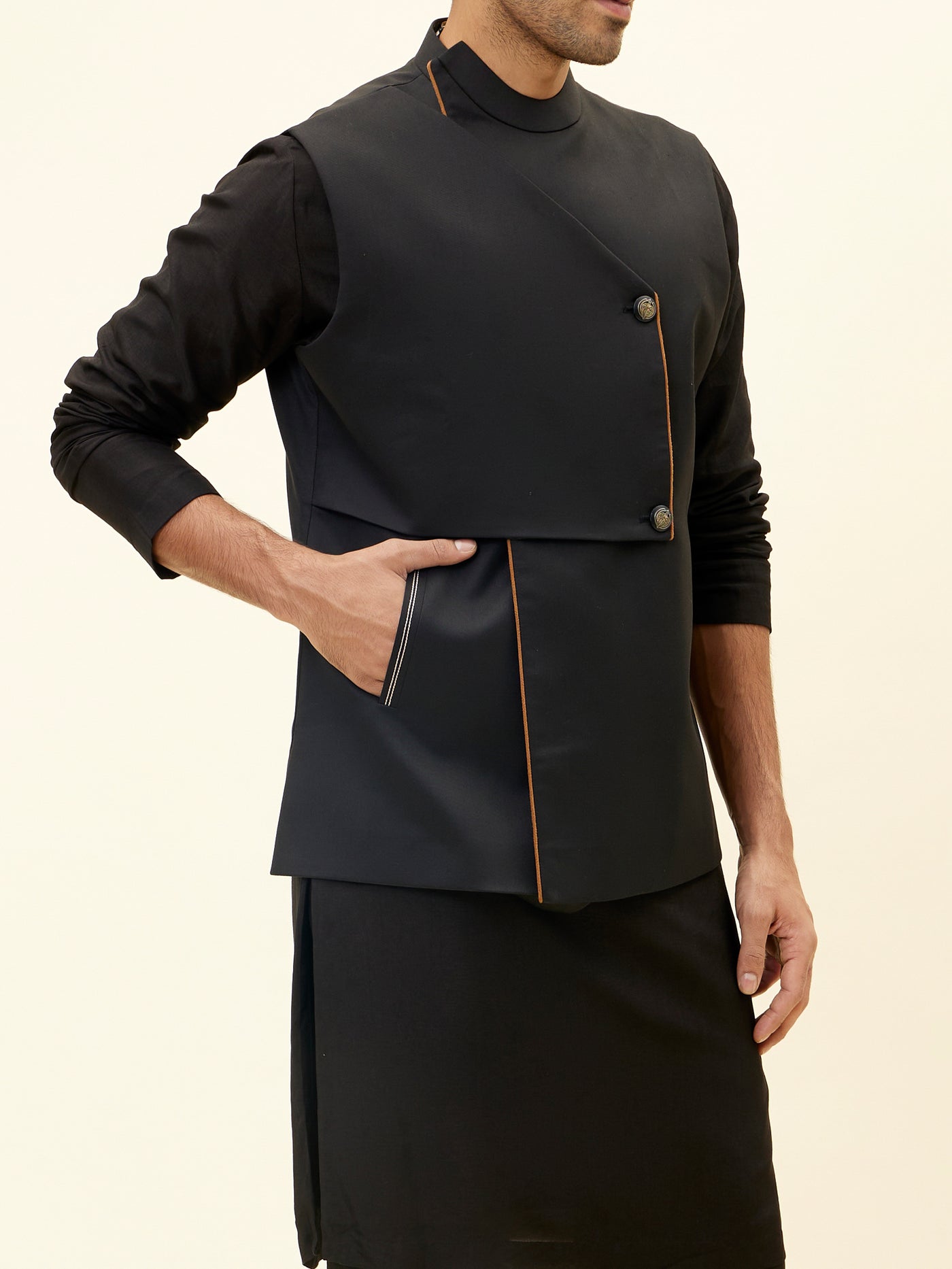 SVA Black suiting overlap crossover bundi Indian designer fashion online shopping melange singapore