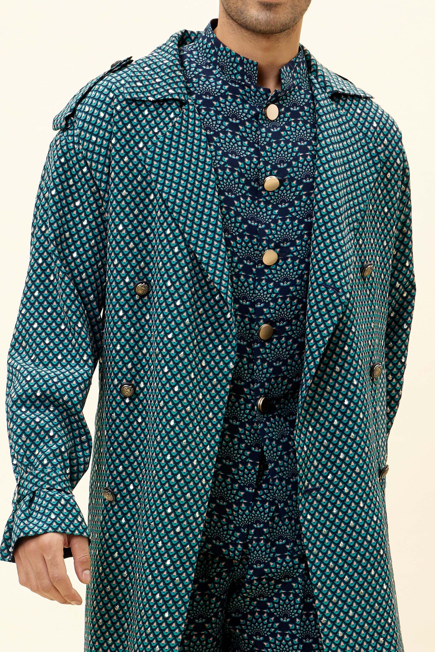 SVA Blue Butti Print Jacket With Embellishments Indian designer fashion online shopping melange singapore