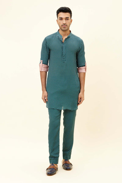 SVA Blue Butti Print Short Shirt Style Kurta With Rolled Up Sleeves With Pants indian designer fashion online shopping melange singapore