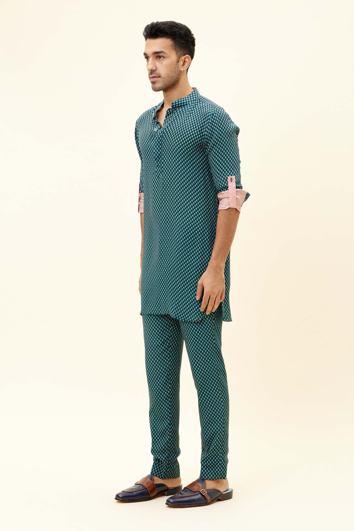SVA Blue Butti Print Short Shirt Style Kurta With Rolled Up Sleeves With Pants indian designer fashion online shopping melange singapore