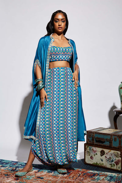 sva by sonam and paras modi Blue Cape And Drape Skirt Set fusion indian designer wear online shopping melange singapore