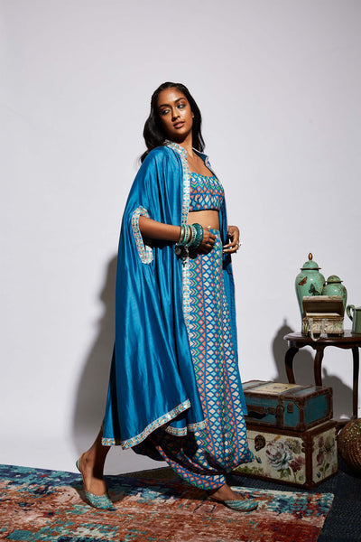sva by sonam and paras modi Blue Cape And Drape Skirt Set fusion indian designer wear online shopping melange singapore