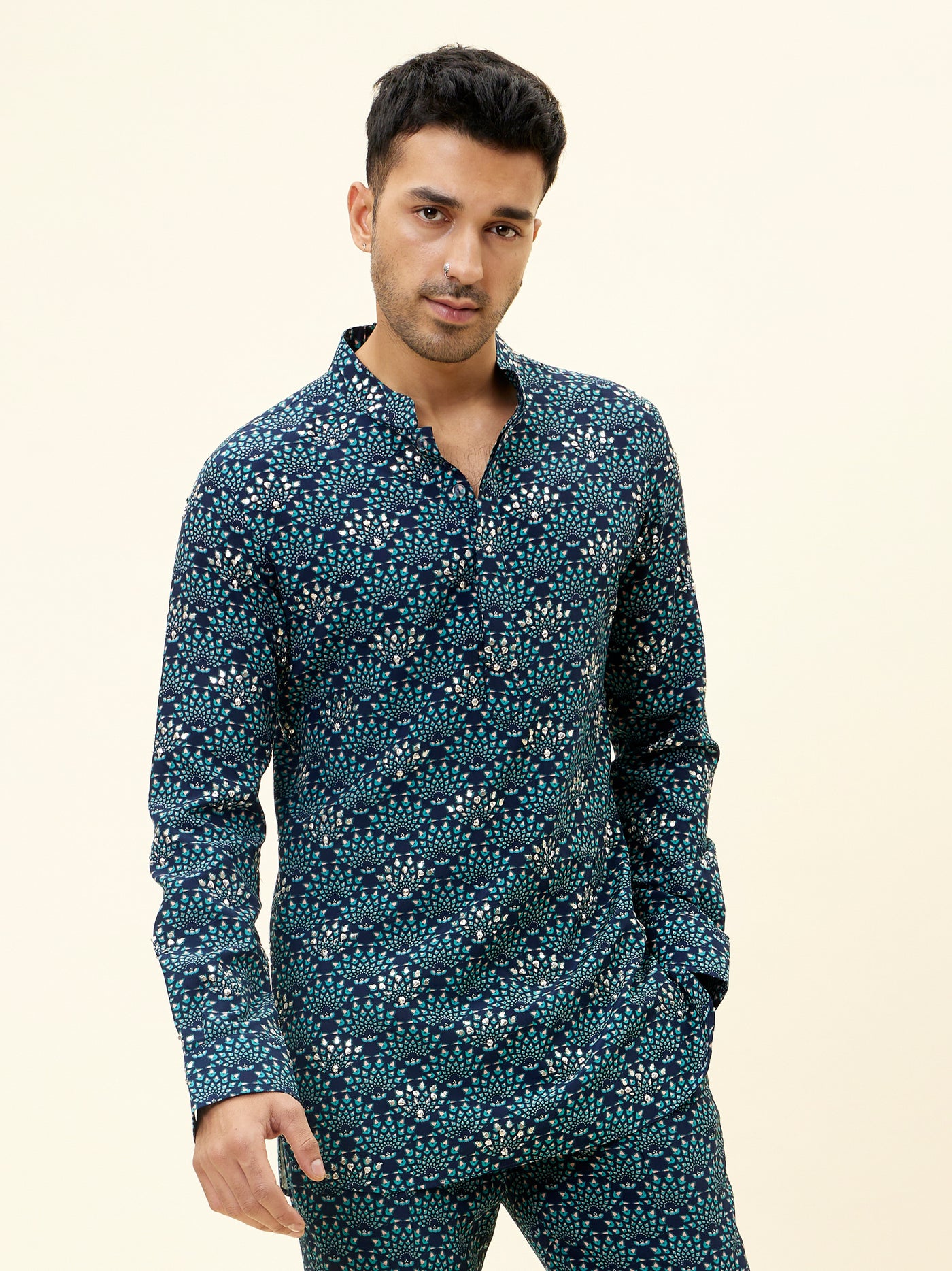 SVA Blue Feather Embellished Print Short Shirt Style Kurta With Pants indian designer fashion online shopping melange singapore