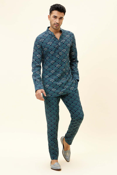 SVA Blue Feather Embellished Print Short Shirt Style Kurta With Pants indian designer fashion online shopping melange singapore