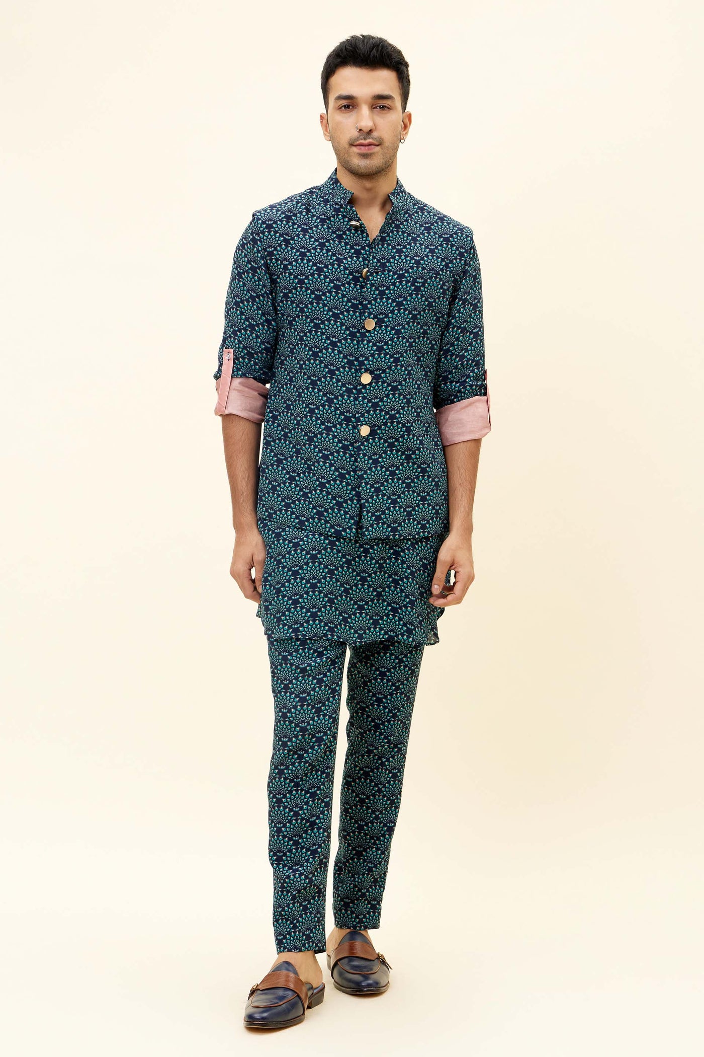 SVA Blue Feather Print Bundi Indian designer fashion online shopping melange singapore