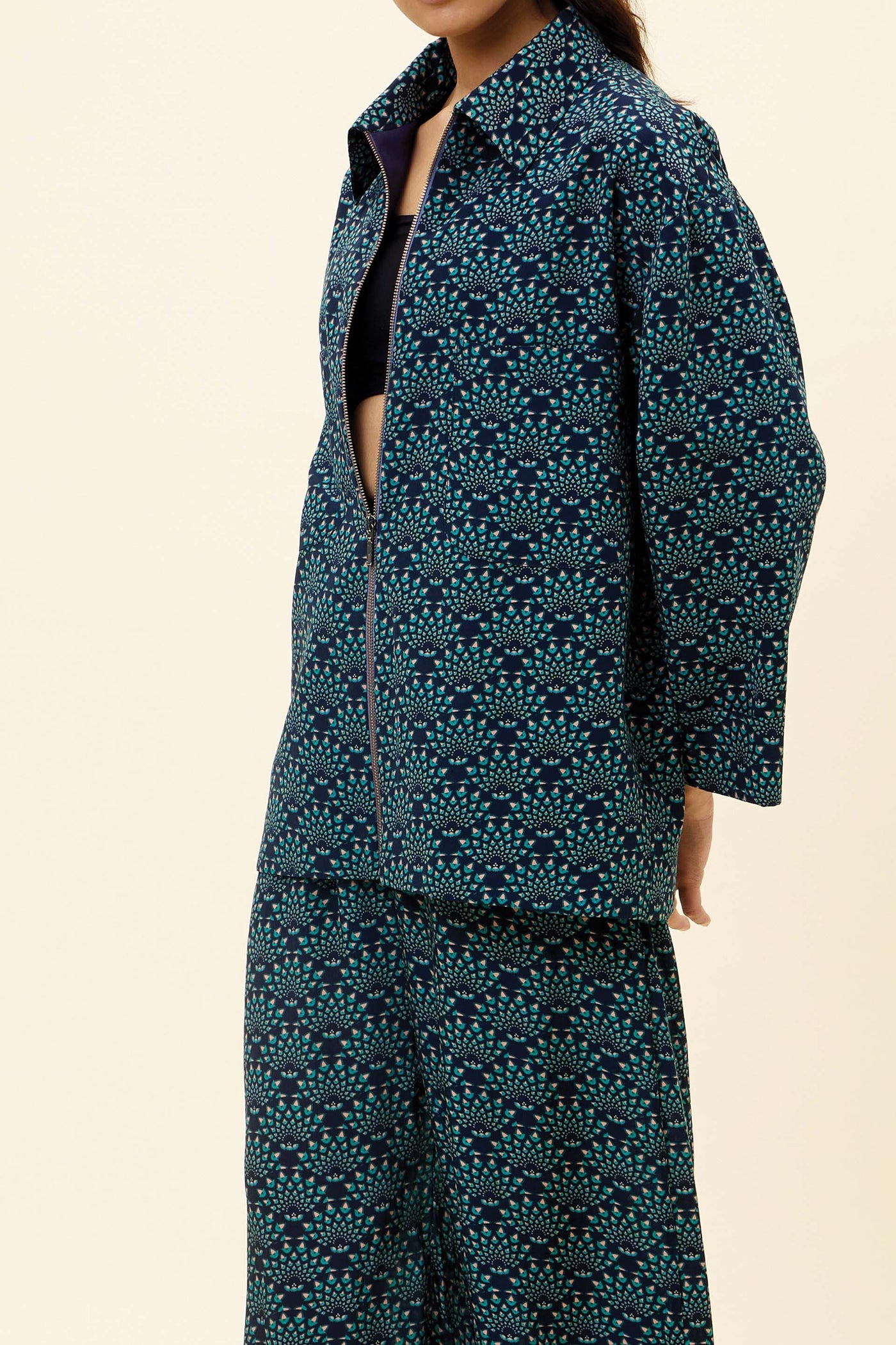 sva Blue Feather Print Oversized Shaket With Pants online shopping melange singapore indian designer wear