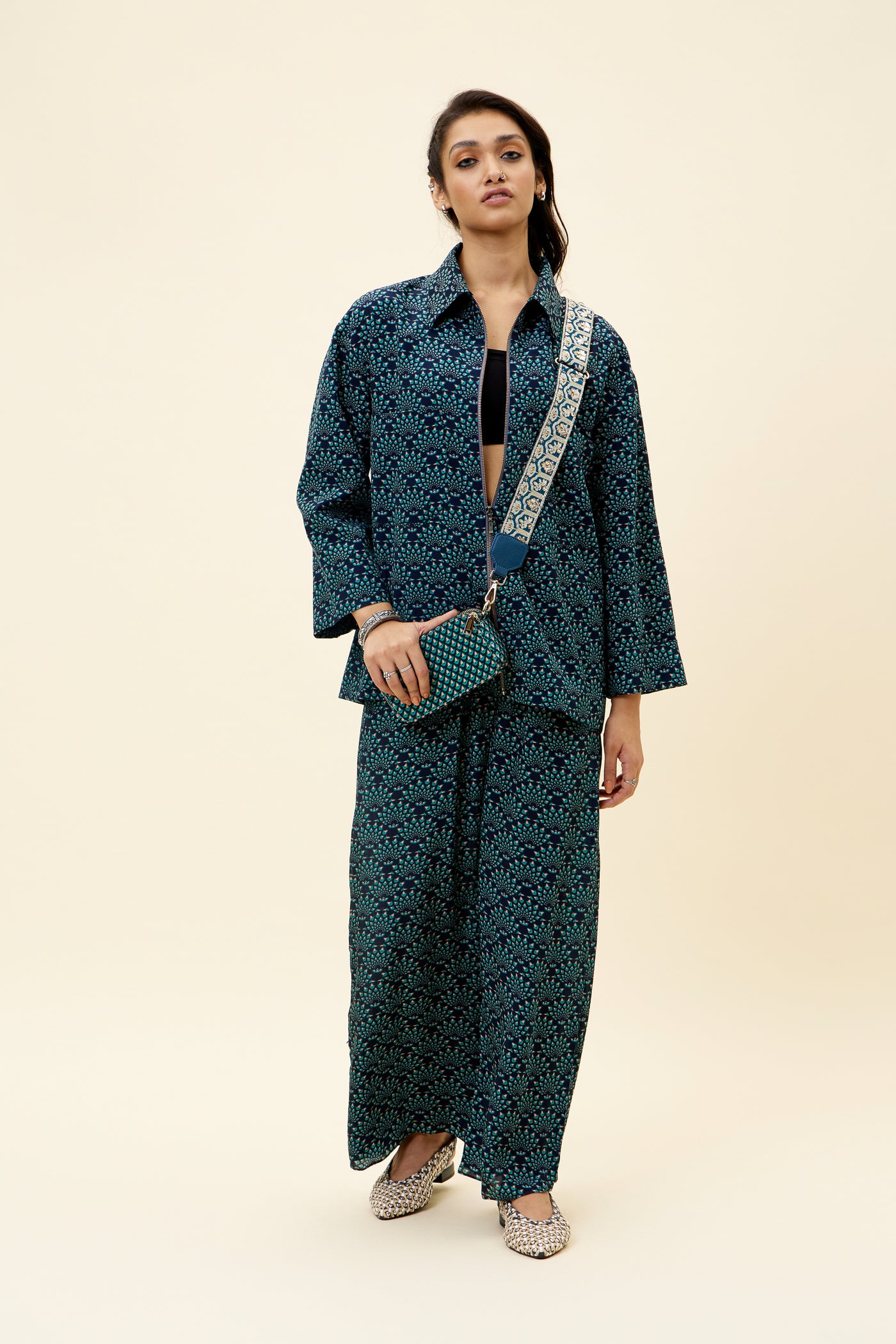 sva Blue Feather Print Oversized Shaket With Pants online shopping melange singapore indian designer wear