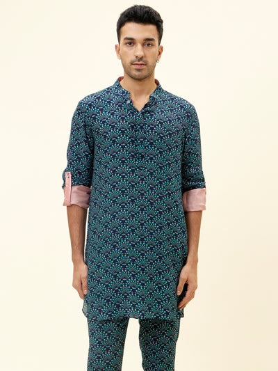 SVA Blue Feather Print Short Shirt Style Kurta With Rolled Up Sleeves With Pants designer fashion online shopping melange singapore