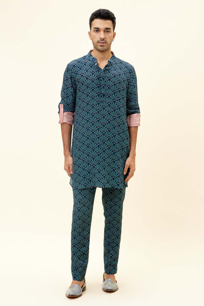 SVA Blue Feather Print Short Shirt Style Kurta With Rolled Up Sleeves With Pants designer fashion online shopping melange singapore