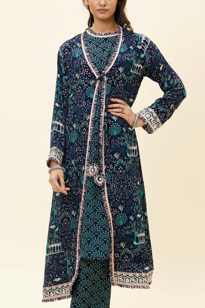 sva Blue Feather Print Sleeveless Tunic With Pants And Blue Mor Jaal Print Jacket online shopping melange singapore indian designer wear