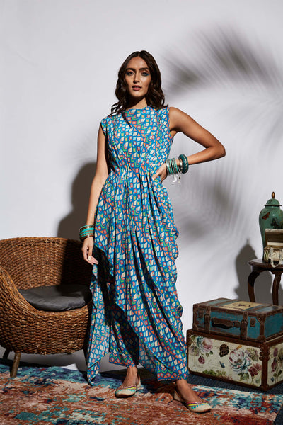 sva by sonam and paras modi Blue Geo Print Pant Set fusion indian designer wear online shopping melange singapore