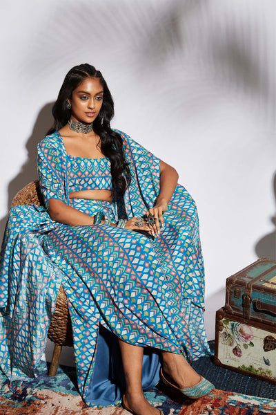 Sva by sonam and paras modi Blue Geo Print Drape Skirt Set fusion indian designer wear online shopping melange singapore