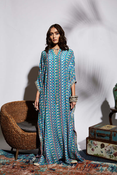 Sva by sonam and paras modi Blue Geo Print Kaftan  fusion indian designer wear online shopping melange singapore