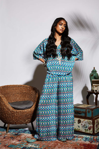 Sva by sonam and paras modi Blue Geo Print Co-ord Set fusion festive indian designer wear online shopping melange singapore