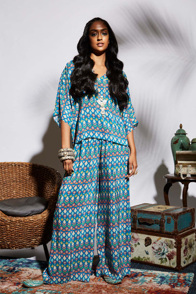 Sva by sonam and paras modi Blue Geo Print Co-ord Set fusion festive indian designer wear online shopping melange singapore
