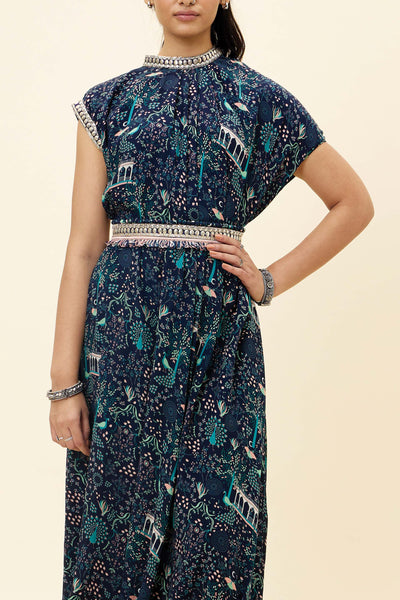 sva Blue Mor Jaal Print Drape Dress With Emb Belt online shopping melange singapore indian designer wear