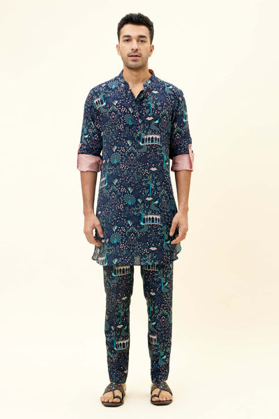 SVA Blue Mor Jaal Print Short Shirt Style Kurta With Pants indian designer fashion online shopping melange singapore