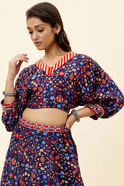 sva Blue Rasa Jaal Print Lehenga With Dolman Sleeve Crop Top online shopping melange singapore indian designer wear