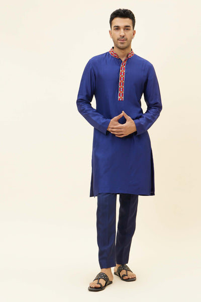SVA Blue Solid Color Kurta With Emb On Collar And Kurta Patti Blue Solid Color Pants Indian designer fashion online shopping melange singapore