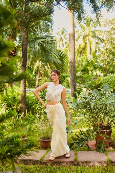 sva by sonam and paras modi Beige Saree Style Skirt With Bustier And Organza Crop Top Festive fusion Indian designer wear online shopping melange singapore indian designer wear