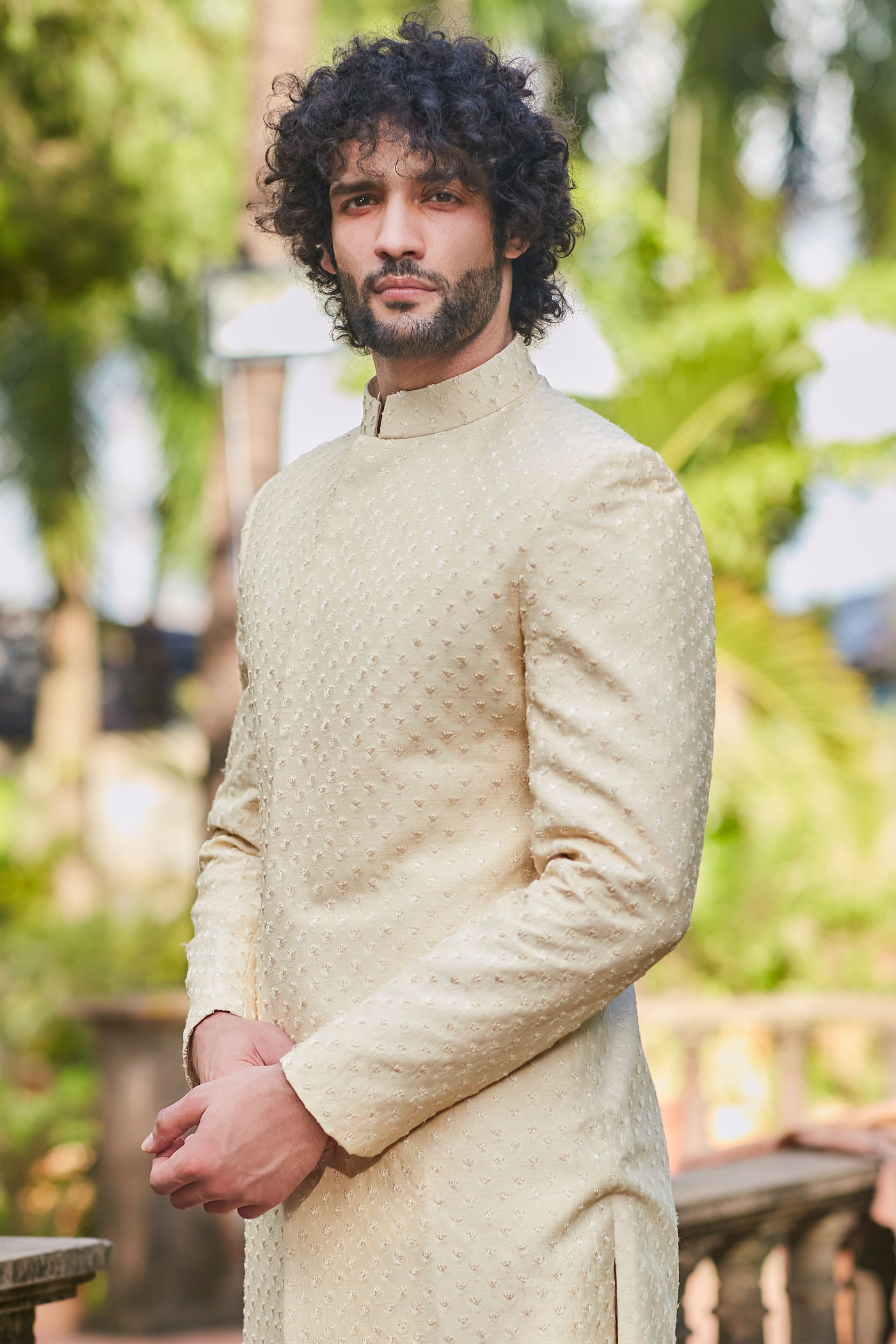 sva by sonam and paras modi Beige Sherwani With Self Flower Butti And Pants  Festive fusion Indian designer wear online shopping melange singapore indian designer wear