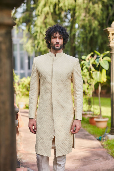 sva by sonam and paras modi Beige Sherwani With Self Flower Butti And Pants  Festive fusion Indian designer wear online shopping melange singapore indian designer wear