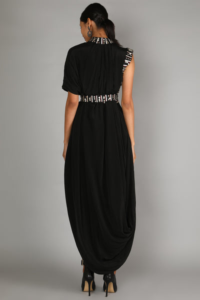 SVA   - Black embroidered drape dress - Melange Singapore - Indian Designer Wear Online Shopping