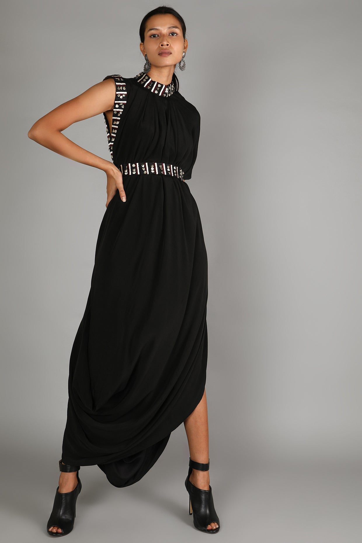 SVA   - Black embroidered drape dress - Melange Singapore - Indian Designer Wear Online Shopping