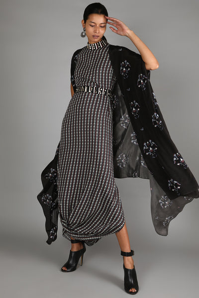 Black Printed Drape Dress With Cape
