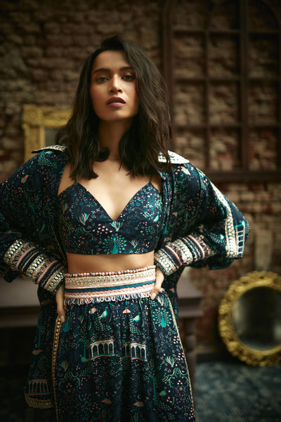 SVA Blue Mor Jaal Bustier With Box Pleated Pants And Jacket With Embellished Cuff western womenswear designer fashion online shopping melange singapore