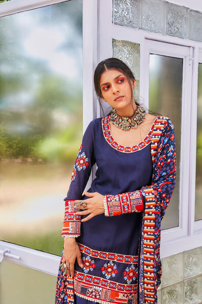 sva by sonam and paras modi  Blue Heavy Embroidered Kurta With Sharara And Blue Jaal Prit Bupatta with patchwork print border  Festive fusion Indian designer wear online shopping melange singapore indian designer wear
