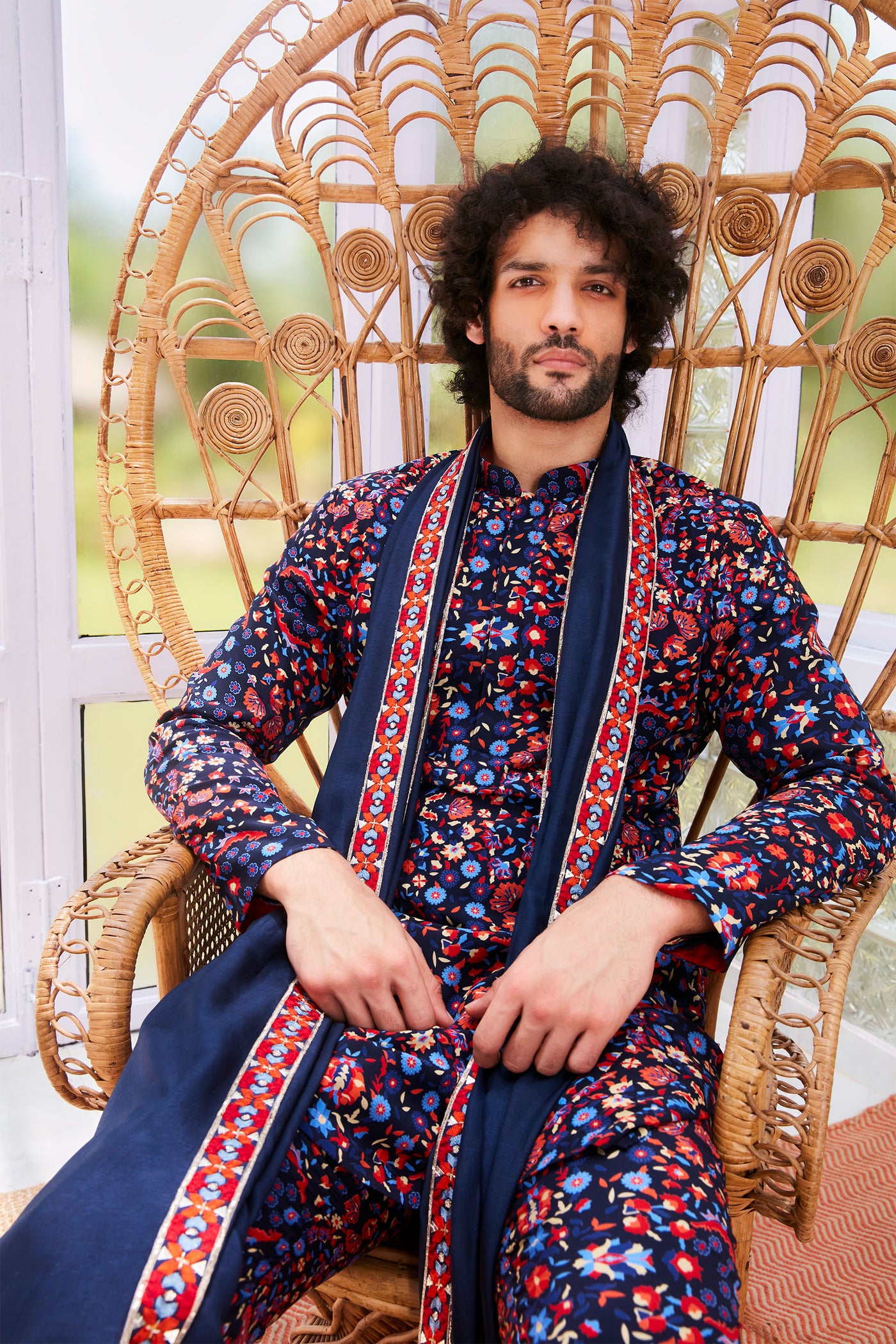sva by sonam and paras modi  Blue jaal print kurta with printed pants  with patchwork print border  Festive fusion Indian designer wear online shopping melange singapore indian designer wear