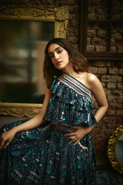 SVA Blue mor jaal printed one shoulder flouncy blouse, teamed with a box pleat skirt  western womenswear designer fashion online shopping melange singapore