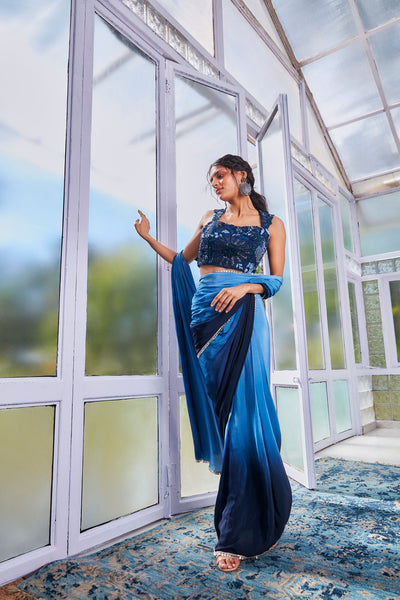 va by sonam and paras modi Blue ombre drape saree with corset blouse Festive fusion Indian designer wear online shopping melange singapore indian designer wear