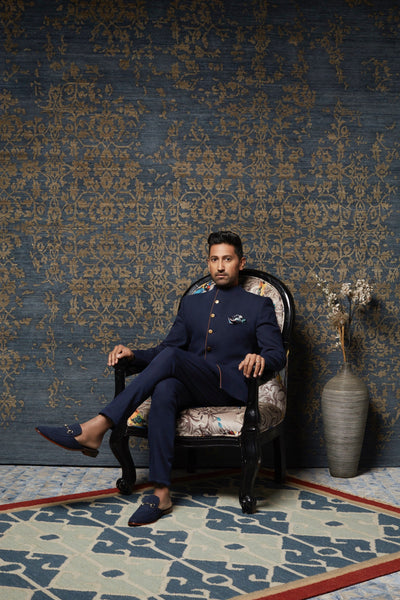 SVA  - Dark blue denim bandhgala with sued detailing paired - Exclusive Indian Designer Wear Latest Collections Available at Melange Singapore.