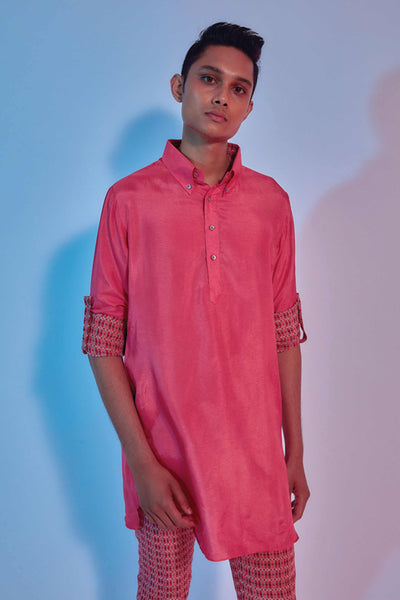 sva by sonam and paras modi menswear men Dark Coral Shirt Style Kurta Set online shopping melange singapore indian designer wear