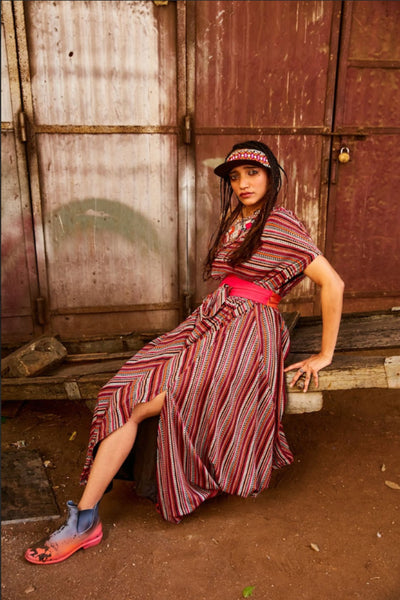 SVA Bohemian Stripe One Shoulder Cowl Dress Teamed With A Belt Indian designer wear online shopping melange singapore