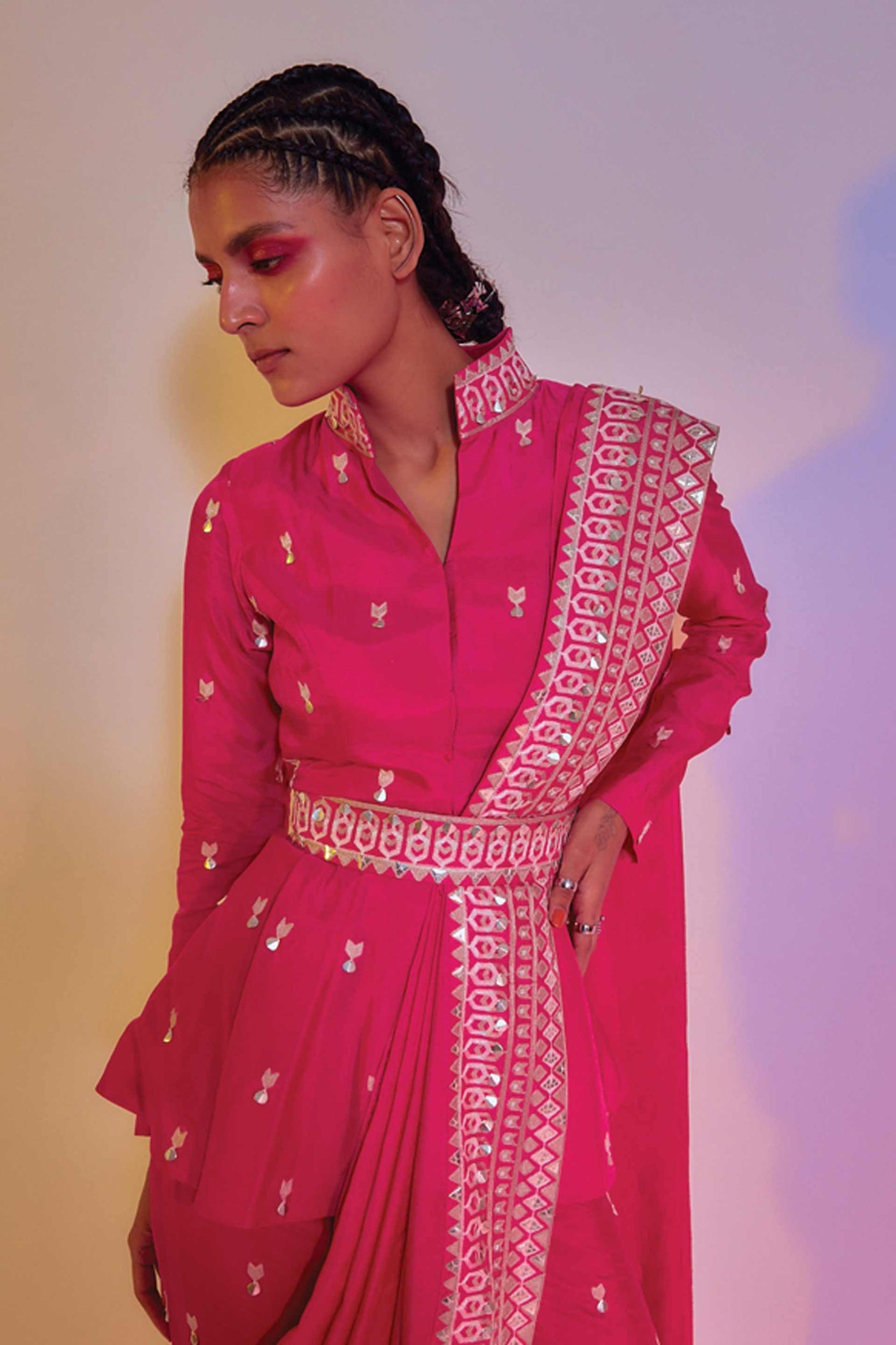 sva by sonam and paras modi Embellished Hot Pink Peplum Set With An Attached Drape And Belt online shopping melange singapore indian designer wear