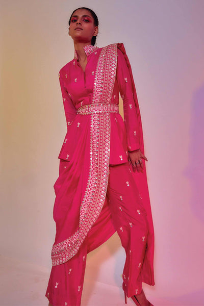 sva by sonam and paras modi Embellished Hot Pink Peplum Set With An Attached Drape And Belt online shopping melange singapore indian designer wear