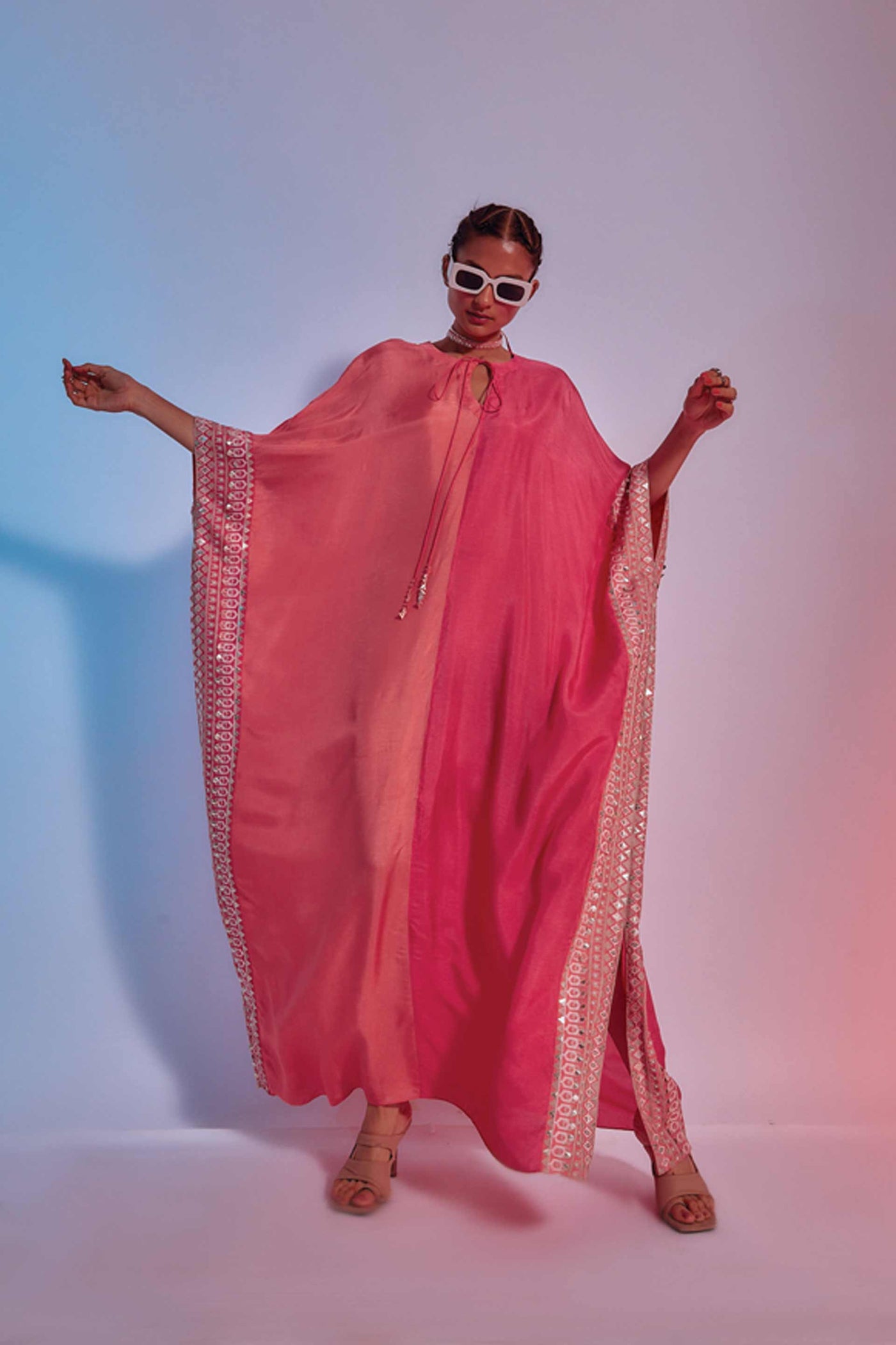 sva by sonam and paras modi Half And Half Kaftan With Embellished Border coral online shopping melange singapore indian designer wear