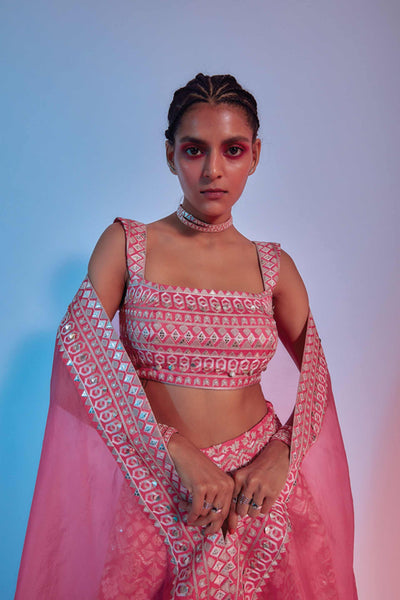 sva by sonam and paras modi Embellished Coral Lehenga With Bustier And Dupatta online shopping melange singapore indian designer wear