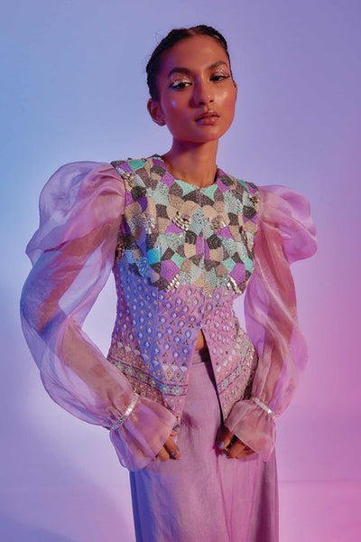 sva by sonam and paras modi Embellished Jacket With Exaggerated Sleeves With A Drape Skirt online shopping melange singapore indian designer wear