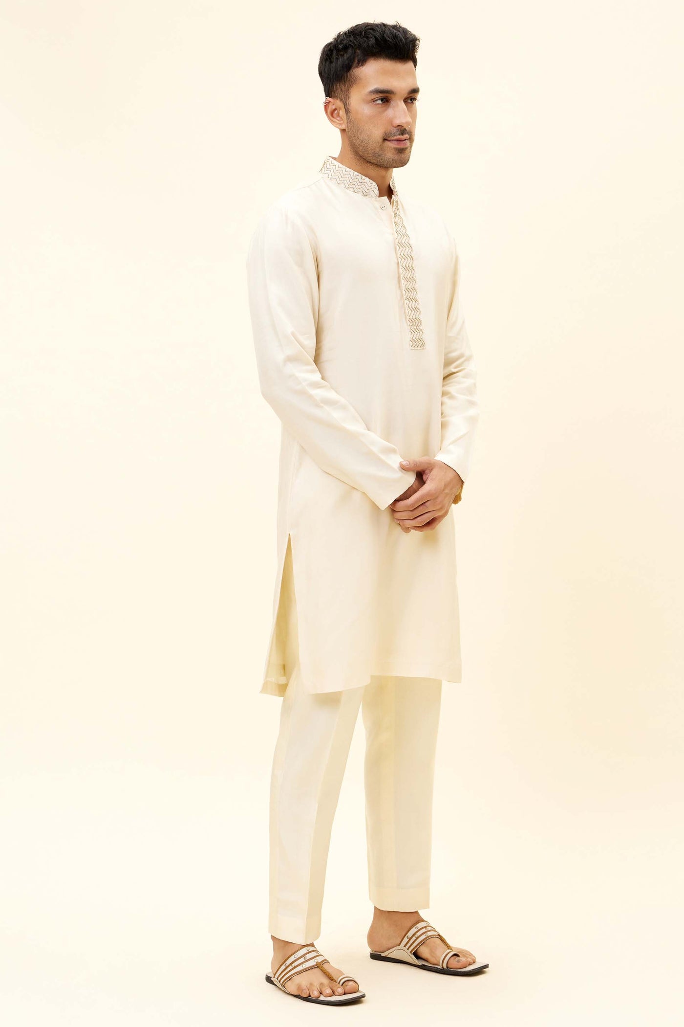 SVA Ivory kurta with embroidered neckline and pants Indian designer fashion online shopping melange singapore