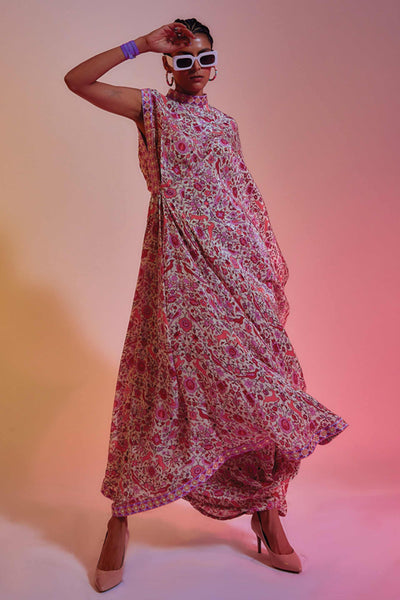 sva by sonam and paras modi Ivory Saanjh Floral Print Drape Saree With A Printed Drape Skirt online shopping melange singapore indian designer wear