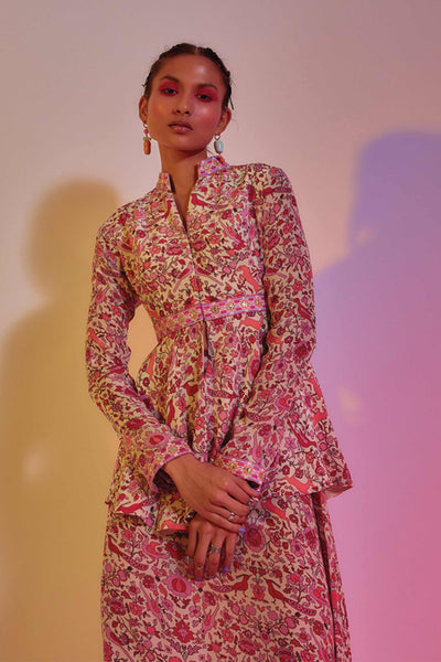 sva by sonam and paras modi Ivory Saanjh Floral Print Peplum Top With Drape Skirt online shopping melange singapore indian designer wear