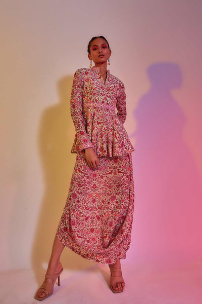 sva by sonam and paras modi Ivory Saanjh Floral Print Peplum Top With Drape Skirt online shopping melange singapore indian designer wear