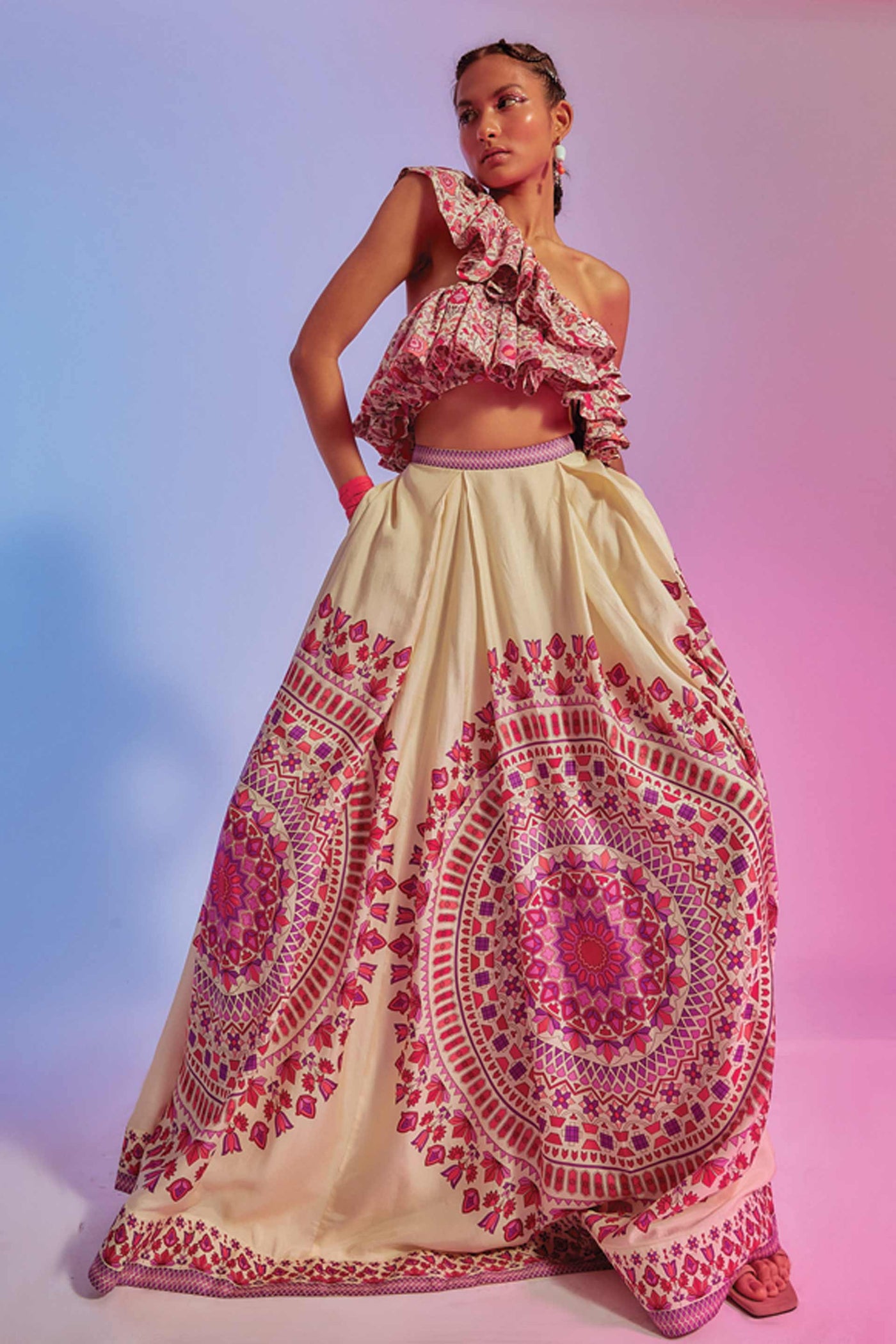sva by sonam and paras modi Ivory Ravi Print Box Pleated Lehenga With Saanjh Floral Blouse online shopping melange singapore indian designer wear